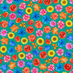 Seamless floral pattern on green background. Different bright flowers.