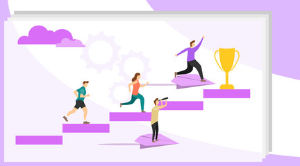 People go to their goal. Vector illustration, a man seeks up on a paper plane, achieving a goal. People fly to their goal on paper airplanes.