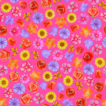 Seamless floral pattern on pink background. Different bright flowers. © Mariia