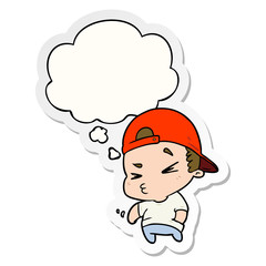cartoon cool kid and thought bubble as a printed sticker
