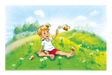 kleine Junge sitzt barfuß lächelnd bei Sonnenaufgang auf einer Wiese, grüne Landschaft. Er begrüßt die Schmetterlinge mit einer Blume. Schmetterlinge landen auf ihm. Niedliche Kinderbuch-Illustration
