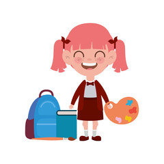 student girl with school supplies on white background