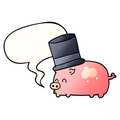 cartoon pig wearing top hat and speech bubble in smooth gradient style