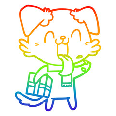 rainbow gradient line drawing cartoon panting dog with present