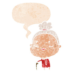 cartoon old lady and speech bubble in retro textured style