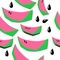 Seamless pattern of composition of ripe slices and watermelon seeds, for the decoration of the fabric, hand-drawn image in vector