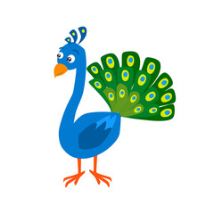 Cartoon peafowl vector flat illustration.