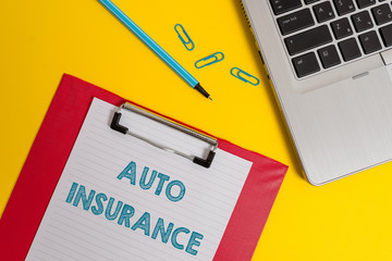 Word writing text Auto Insurance. Business photo showcasing Protection against financial loss in case of accident Open laptop clipboard blank paper sheet marker clips colored background