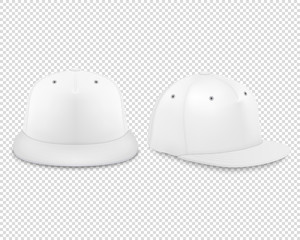 Vector 3d Realistic Render White Blank Baseball Snapback Cap Icon Set Closeup Isolated on Transparent Background. Design Template for Mock-up, Branding, Advertise. Front and Side View