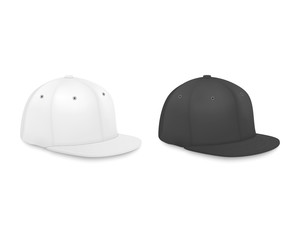 Vector 3d Realistic Render White and Black Blank Baseball Cap Icon Set Closeup Isolated on White Background. Design Template for Mock-up, Branding, Advertise. Side View