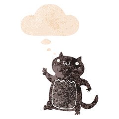 cartoon cat and thought bubble in retro textured style