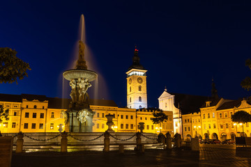 Naklejka premium Historic center of Ceske Budejovice at night, Budweis, Budvar, South Bohemia, Czech Republic, Europe.