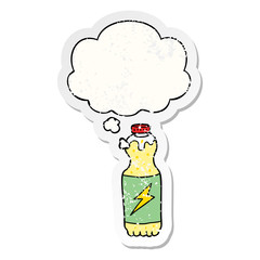 cartoon soda bottle and thought bubble as a distressed worn sticker