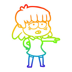 rainbow gradient line drawing cartoon tired woman pointing