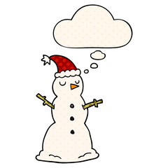 cartoon snowman and thought bubble in comic book style