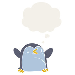 cartoon penguin and thought bubble in retro style