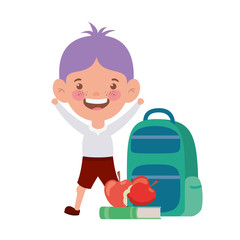 student boy with school supplies on white background