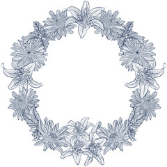 Vector vintage round frame with flowers heliopsis, lilies. Illustration isolated on white background. Template for wedding and birthday card, invitation, greetings.