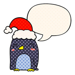 cute christmas penguin and speech bubble in comic book style