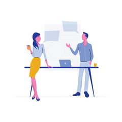 team disscussion,  business Meeting, Team discusses social network, news, chat, dialogue speech bubbles near them, negotiate new projects. Discussion on business strategy, planning future, talk on cof