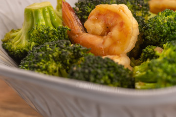 Close up homemade  Fried broccoli with shrimp. (selective focus)