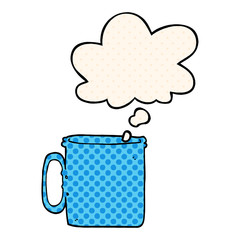 cartoon camping cup of coffee and thought bubble in comic book style