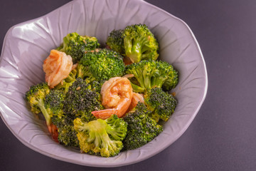 Close up homemade  Fried broccoli with shrimp. (selective focus)