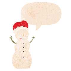 cartoon christmas snowman and speech bubble in retro textured style