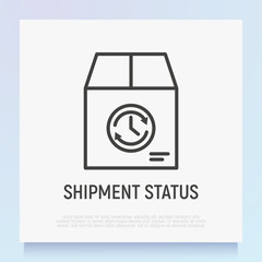 Shipment status thin line icon: package with clock. Modern vector illustration for delivery service.