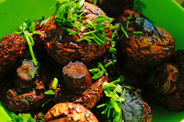 Mushrooms champignons fried on a brazier on a picnic lie on a green plate seasoned with greens