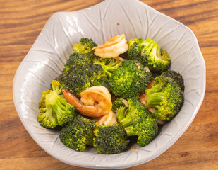 Close up homemade  Fried broccoli with shrimp. (selective focus)