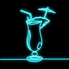Cocktail Pina Colada. Cyanic neon. Continuous one line drawing. Vector.