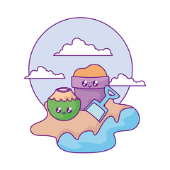 bucket and shovel with cocktail coconut kawaii in the beach