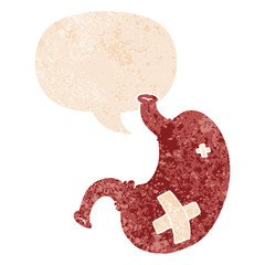 cartoon stomach and speech bubble in retro textured style