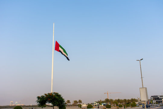 United Arab Emirates Flag flies at half mast due to mourning after the death of a ruler in the United Arab Emirates.