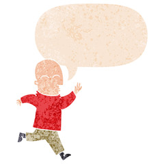 cartoon man running and speech bubble in retro textured style