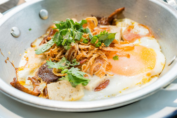 Breakfast Fried eggs pan with topping