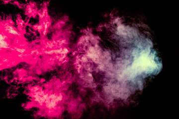 Fototapeta premium Colored background with winding clouds of smoke from patterns of different forms of pink, green and blue colors with tongues of flame on a black isolated background