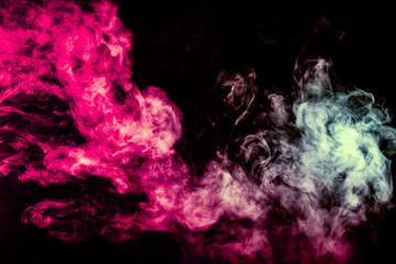 Colored background with winding clouds of smoke from patterns of different forms of pink, green and blue colors with tongues of flame on a black isolated background