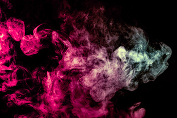 Fototapeta premium Colored background with winding clouds of smoke from patterns of different forms of pink, green and blue colors with tongues of flame on a black isolated background