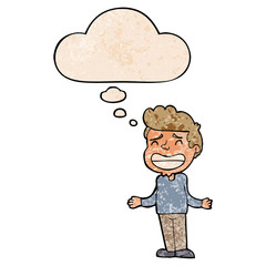 cartoon boy shrugging and thought bubble in grunge texture pattern style