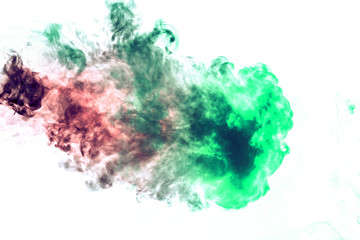 Colored background with winding clouds of smoke from patterns of different forms of red, green colors with tongues of flame on a white isolated background as ink or poison