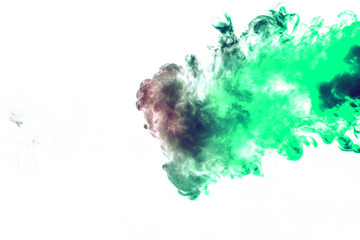 Colored background with winding clouds of smoke from patterns of different forms of red, green colors with tongues of flame on a white isolated background as ink or poison