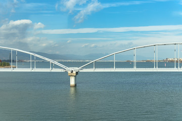 Lake Biwa and Omi Ohashi Bridge, view on the JR west local train Biwako Line