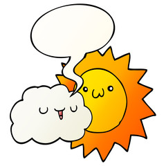 cartoon sun and cloud and speech bubble in smooth gradient style