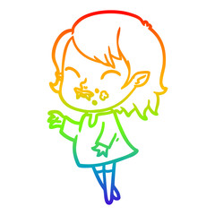 rainbow gradient line drawing cartoon vampire girl with blood on cheek