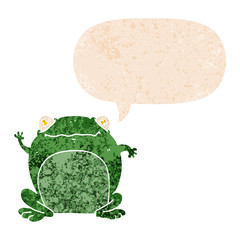 cartoon frog and speech bubble in retro textured style
