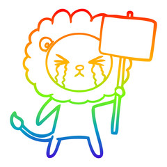 rainbow gradient line drawing cartoon crying lion with placard
