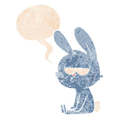 cute cartoon rabbit and speech bubble in retro textured style