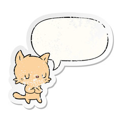 cute cartoon cat and speech bubble distressed sticker